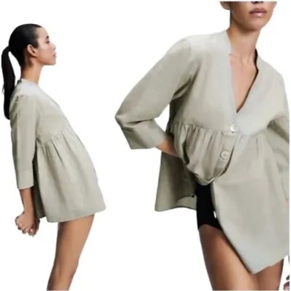 Zara Babydoll Dress /Long Blouse Size Small Green… - image 3